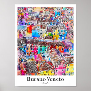 Burano Veneto Italië Reizen Waterverf Hand geteken Poster