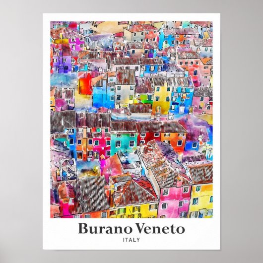 Burano Veneto Italië Reizen Waterverf Hand geteken Poster (Voorkant)