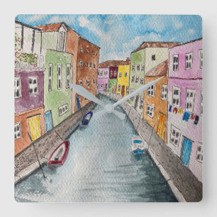 Burano Venice Helderkleurige huizen Vierkante Klok