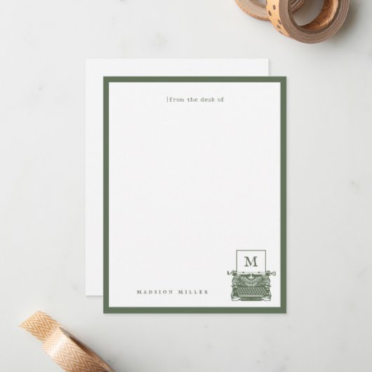 Bureau van gepersonaliseerde  Typewriter Monogram Notitiekaartje (Voorkant / Achterkant in situ)