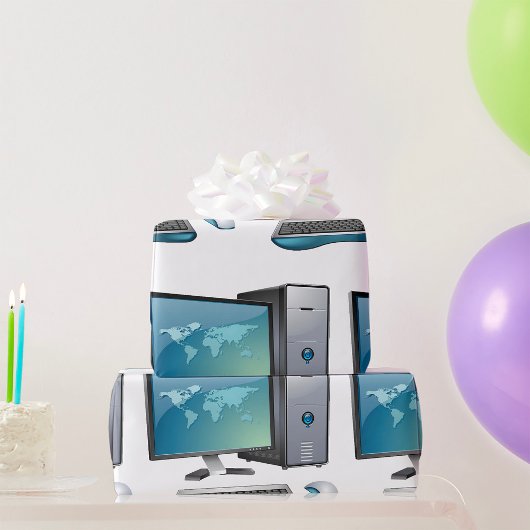 Bureaubladcomputer met monitor, toetsenbord en mui cadeaupapier