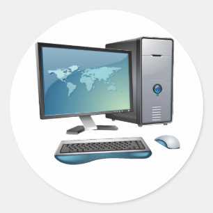 Bureaubladcomputer met monitor, toetsenbord en mui ronde sticker