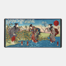 Bureaumat met drie Japanse dames die rivier overst