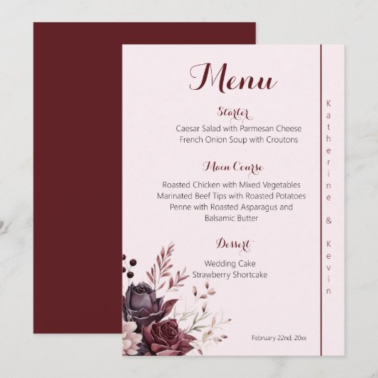 Burgandy Dusty Roos Bloemenbruiloft Menu (Voorkant / Achterkant)