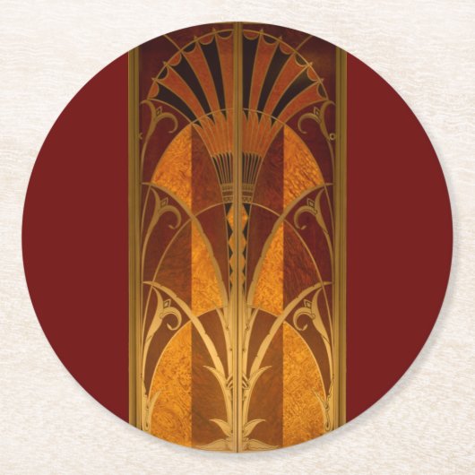 Burgandy en Gold Art Deco Ronde Kartonnen Onderzetter (Voorkant)