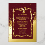 Burgandy en goudfolie Quinceañera Uitnodiging Bow (Voorkant)