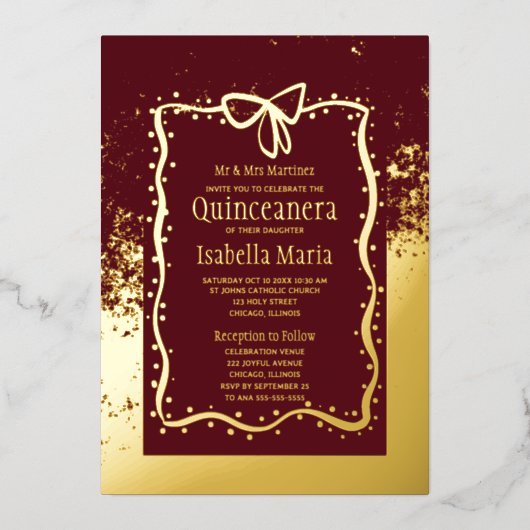 Burgandy en goudfolie Quinceañera Uitnodiging Bow (Voorkant)