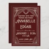 Burgandy en Ivoor Art Deco Bruiloft Kaart (Voorkant / Achterkant)