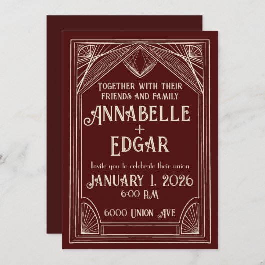 Burgandy en Ivoor Art Deco Bruiloft Kaart (Voorkant / Achterkant)