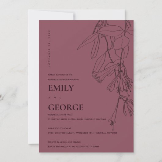 BURGANDY FLORA REHEARSAL DINNER INVITE BEDANKKAART (Voorkant)