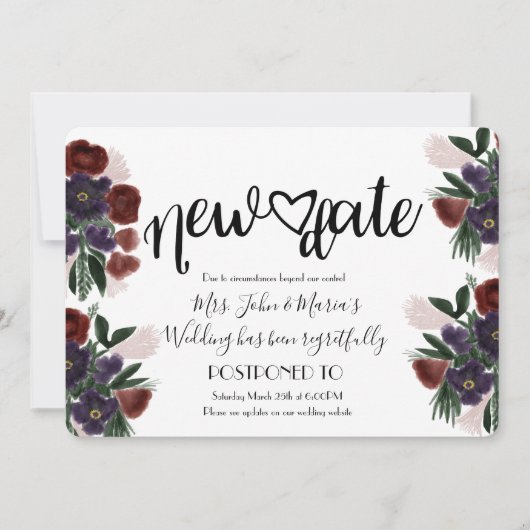 Burgandy Floral New Date Cancelding Wedding Kaart (Voorkant)