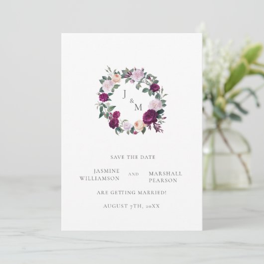 Burgandy florals elegant opslaan van de datum kaart (Staand voorkant)