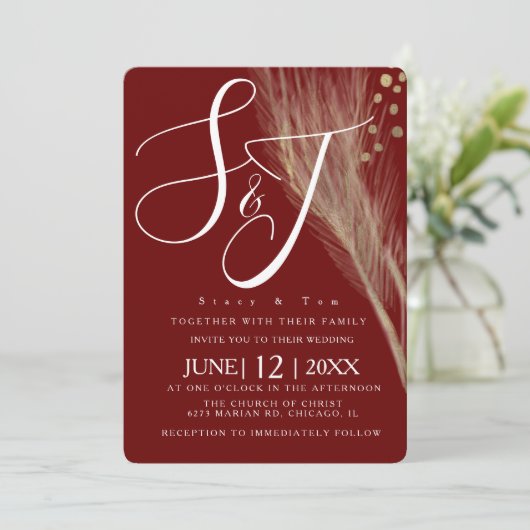 Burgandy Gold Foil Pampas Wedding Suite Kaart (Staand voorkant)