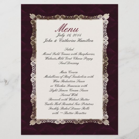 Burgandy Velvet Look Custom Wedding Menu (Voorkant)