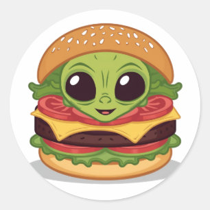 Burger Alien – Grappige Karakter Art voor Eten Ronde Sticker