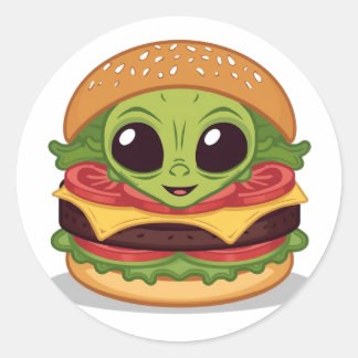 Burger Alien – Grappige Karakter Art voor Eten Ronde Sticker