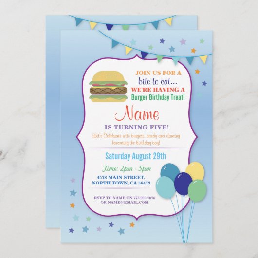 Burger Birthday Party Blue Balloon uitnodiging (Voorkant / Achterkant)
