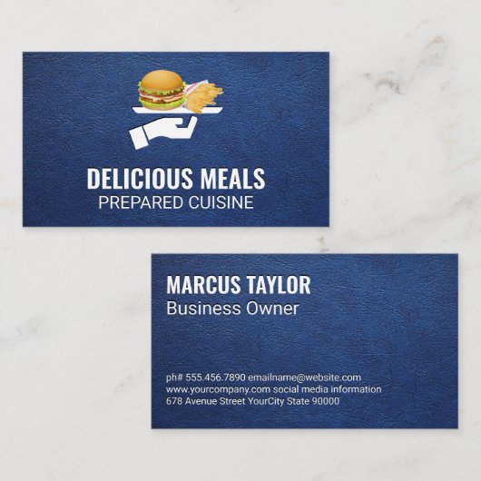 Burger en Fries Served | Achtergrond blauw leder Visitekaartje (Voorkant / Achterkant)