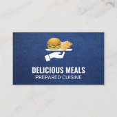 Burger en Fries Served | Achtergrond blauw leder Visitekaartje (Voorkant)