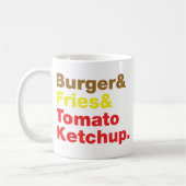 Burger & Fries & Tomato Ketchup. Koffiemok (Links)