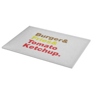 Burger & Fries & Tomato Ketchup. Snijplank