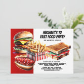 Burger friet hotdog fast food party rood kaart (Staand voorkant)