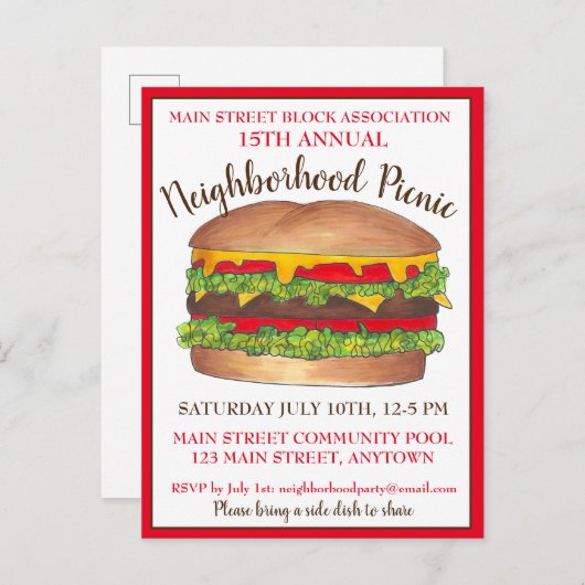 Burger Hamburger Cheeseburger Picnic Cookout Party Uitnodiging Briefkaart (Voorkant / Achterkant)