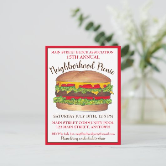 Burger Hamburger Cheeseburger Picnic Cookout Party Uitnodiging Briefkaart (Staand voorkant)