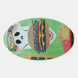 Burger in frieten in paradijs ovale sticker