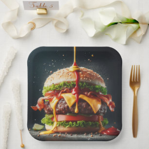 Burger met spatende saus papieren bordje