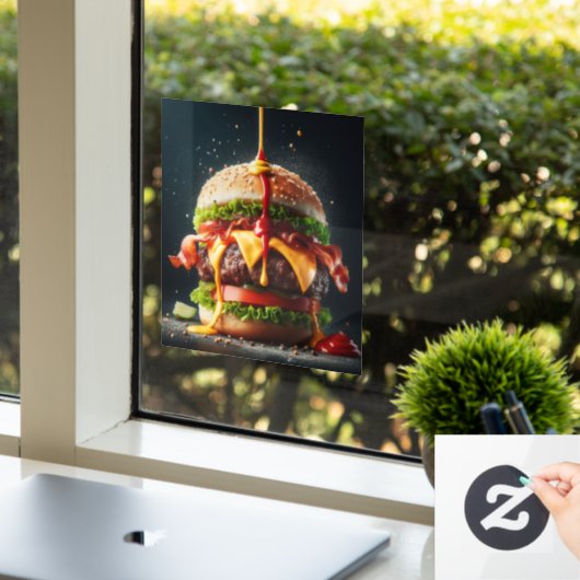 Burger met spatende saus raamsticker (Kantoor)