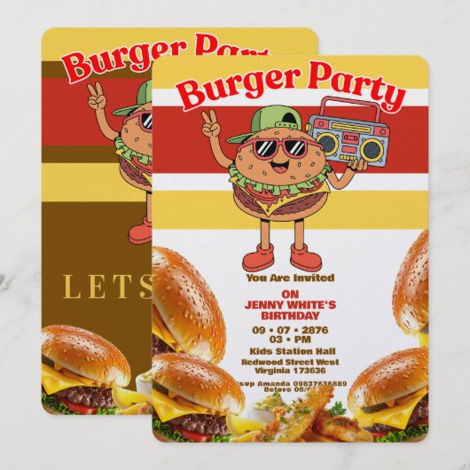 Burger Party Themed Invitation Kaart (Voorkant / Achterkant)