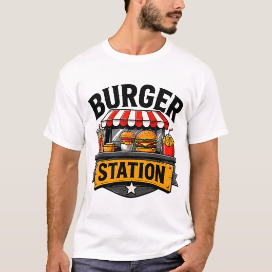 🍔 Burger Station Creatief Restaurant Crew Uniform T-shirt (Voorkant)