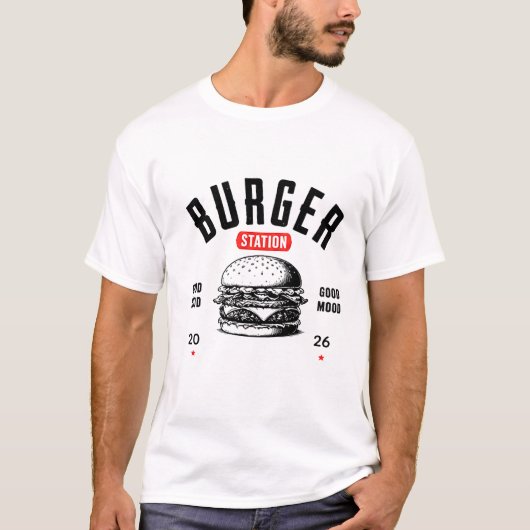 🍔 Burger Station Minimaal Restaurant Crew Uniform T-shirt (Voorkant)