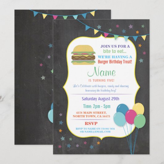 Burger Verjaardagsuitnodigingen Kind Party Chalk F Kaart (Voorkant / Achterkant)