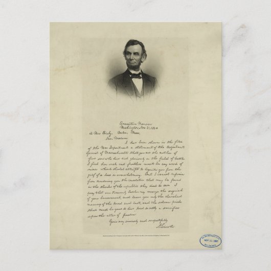 Burgeroorlog Brief van Abraham Lincoln aan mevrouw Briefkaart (Voorkant)