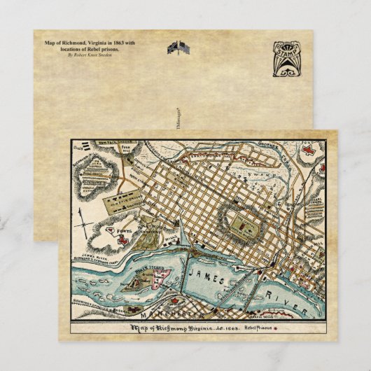 Burgeroorlog Kaart van Richmond, Virginia in 1863 (Voorkant / Achterkant)