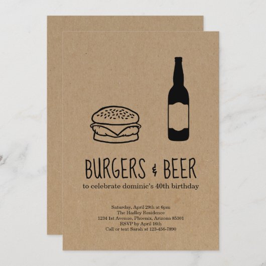 Burgers & Bier Verjaardags/Bachelorfeest Uitnodigi Kaart (Voorkant / Achterkant)