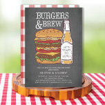 Burgers & Brew Barbecue Verloving Kaart<br><div class="desc">Moderne en leuke burgers van het karton & brew barbecue verlovingsfeest met een fles bier met een enorme hamburgers die op een zwarte achtergrond zijn geplaatst & een bijbehorende rode doek voor een speciale aanraking.</div>