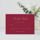  Burgindy Gold Bloemen Damask Script Wedding RSVP Kaartje (Staand voorkant)