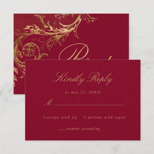  Burgindy Gold Bloemen Damask Script Wedding RSVP Kaartje (Voorkant / Achterkant)