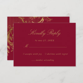  Burgindy Gold Bloemen Damask Script Wedding RSVP Kaartje