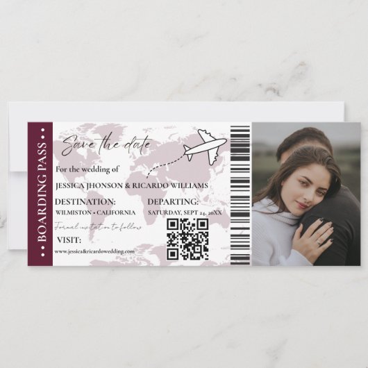 Burgund Boarding pass bruiloft opslaan van de datu Kaart (Voorkant)