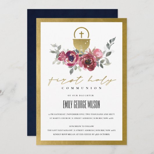 BURGUNDI GOUDE BLOEMEN EERSTE H. COMMUNIE UITNODIG BEDANKKAART (Voorkant / Achterkant)