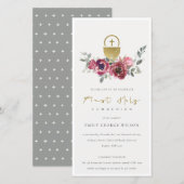 BURGUNDI GOUDE BLOEMEN EERSTE HEILIGE COMMUNIE UIT BEDANKKAART (Voorkant / Achterkant)