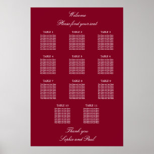 Burgundy 11 Table Wedding Seating Chart Poster