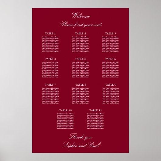 Burgundy 11 Table Wedding Seating Chart Poster (Voorkant)