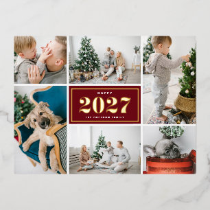 Burgundy 2027 Retro Zes Foto Collage Nieuwjaar Folie Feestdagen Briefkaart