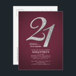 Burgundy 21e verjaardag Sliver Glitter Daughter Uitnodiging Briefkaart<br><div class="desc">Creëer je eigen moderne Bourgogne 21ste verjaardag verrassing met je partijgegevens op de achtergrond van de Bourgogne en populaire lettertypen die je gemakkelijk kunt wijzigen door op de knop 'Personaliseren' te klikken</div>
