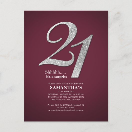 Burgundy 21e verjaardag Sliver Glitter Daughter Uitnodiging Briefkaart (Voorkant)